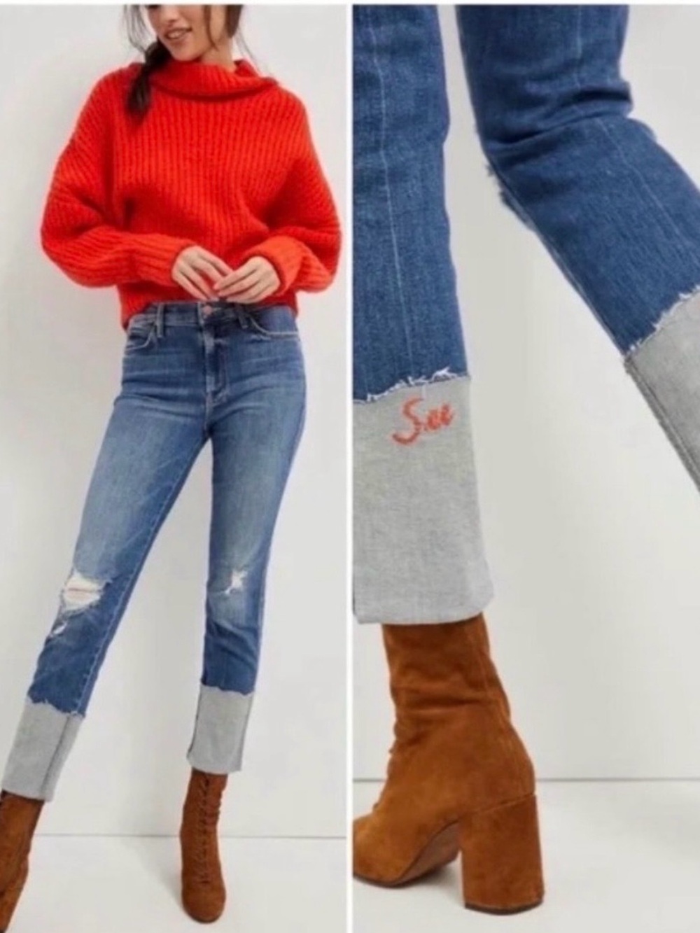 NWT Mother Snap Down Mini Flare withSee Ya Embroidered Cuffs Distressed Size 27